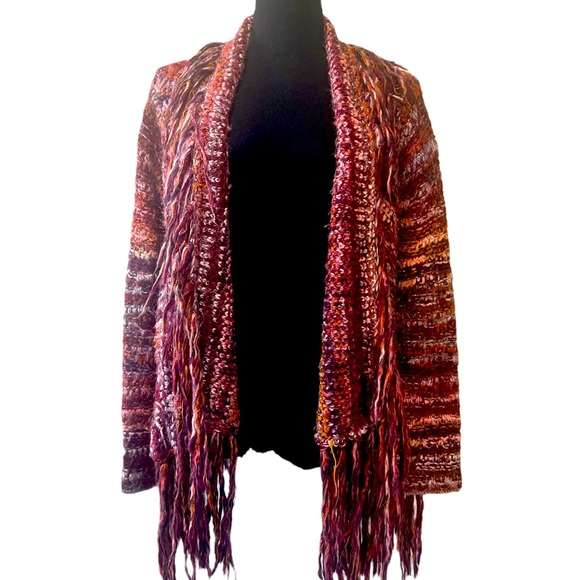 Free People Birkenstock Red Multi Boho Fringe Open Cardigan Sweater L - Picture 1 of 5